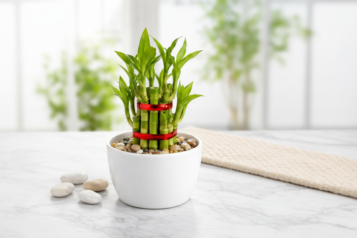 Lucky Bamboo - 7 Stalks with White Pot & Pebbles | Good Health & Wellness