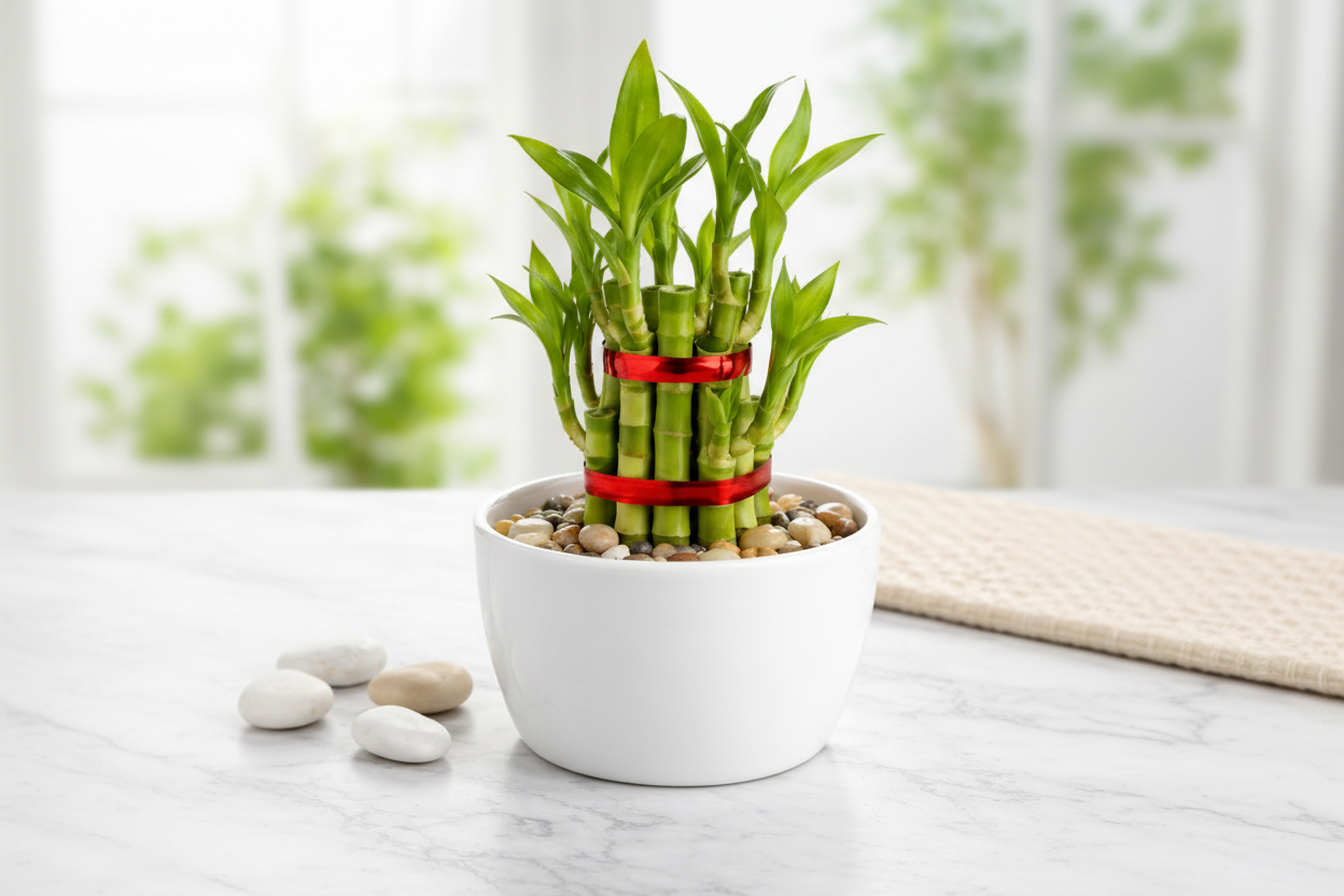 Lucky Bamboo - 2 Layer with White Pot & Pebbles | Love & Happiness