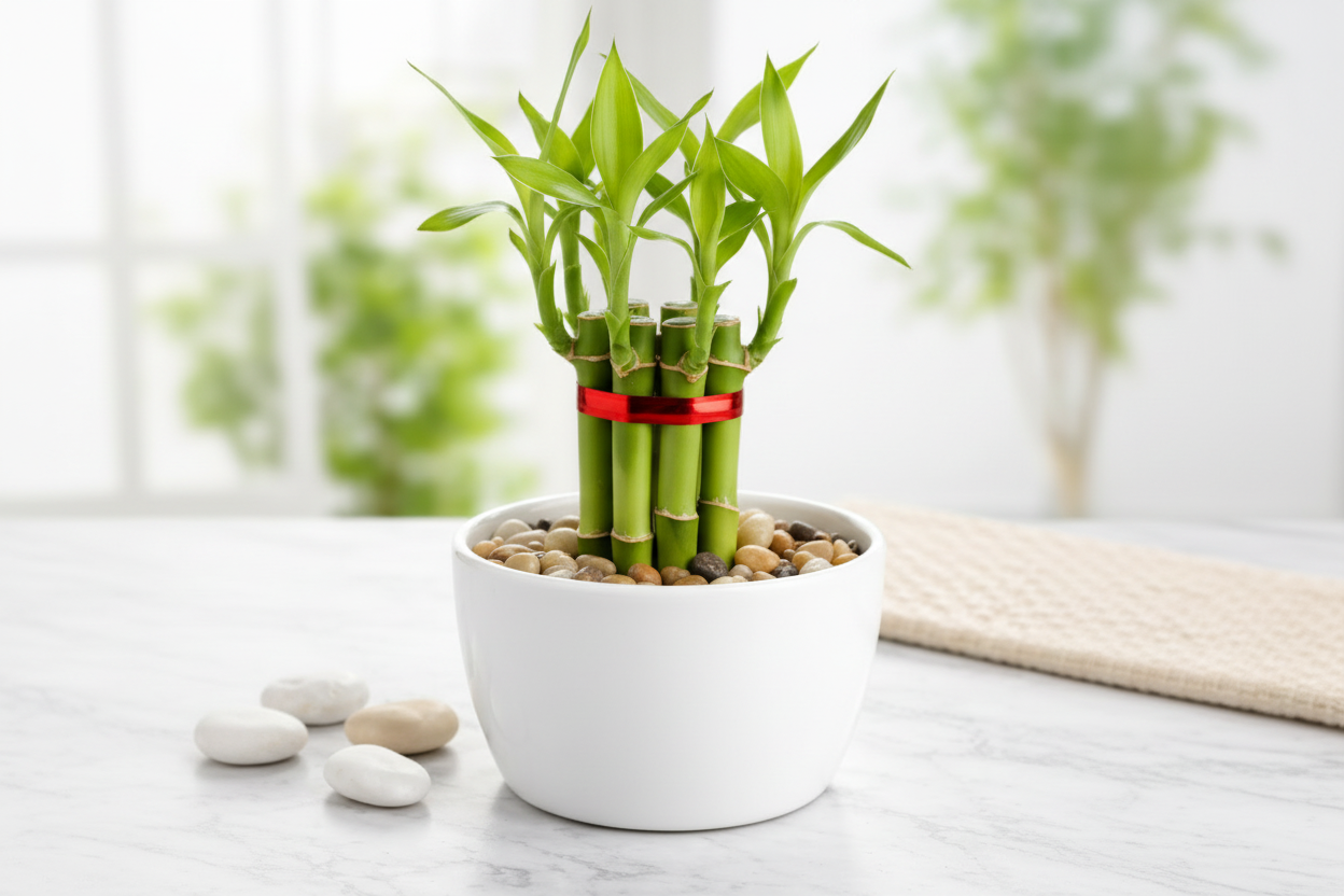 Lucky Bamboo - 5 Stalks with White Pot & Pebbles | Wealth, Health, Love, Longevity & Harmony