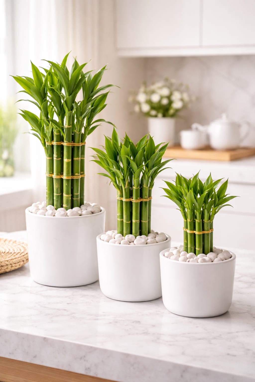 Lucky Bamboo with Premium White Pot & Decorative Pebbles
