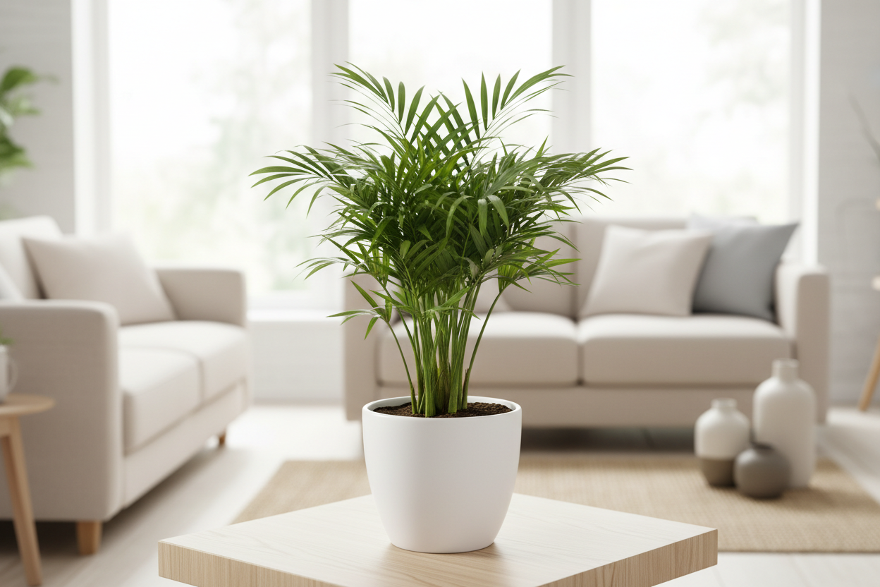 Generate the areca palm plant sapling with 4.5 inches of white pot and where this plant sets in the home 