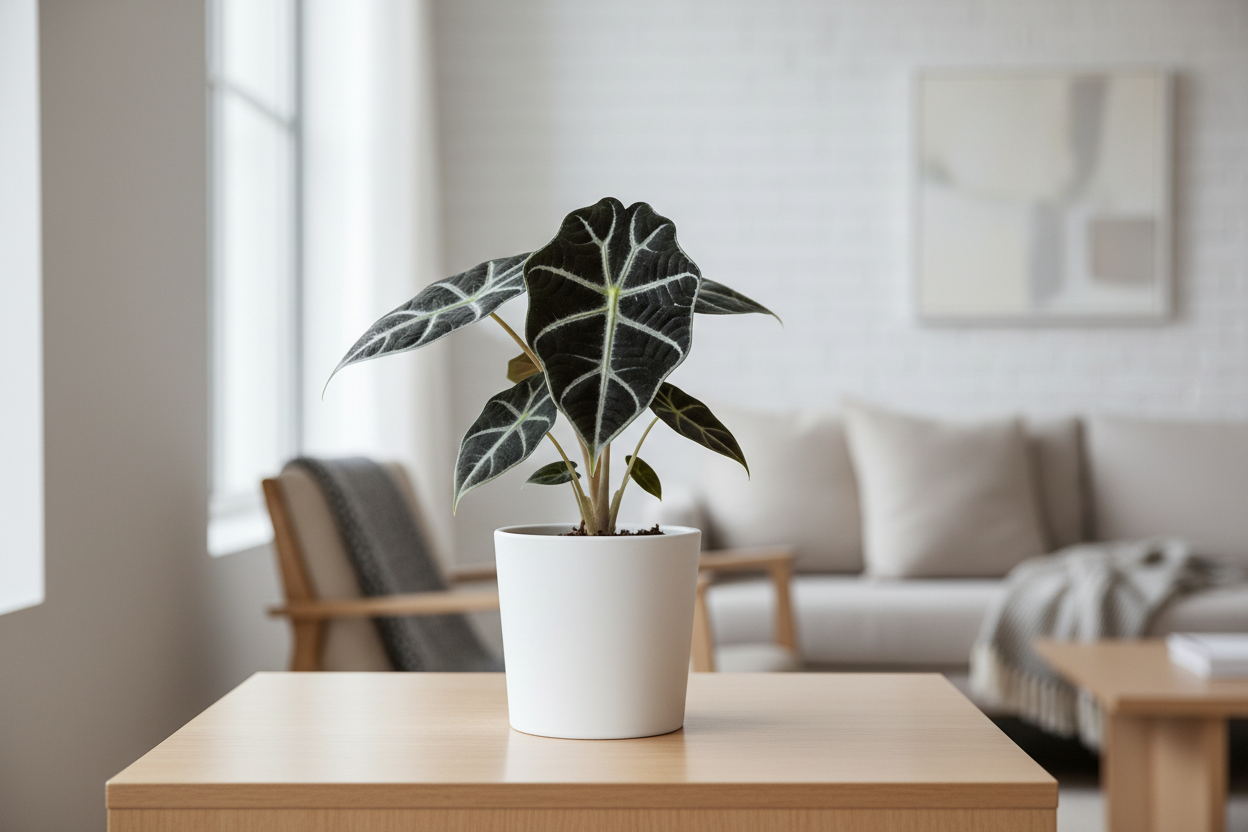 Give the Alocasia black velvet  plant sapling perfect image where does that plant suites in home show the plant image naturally and clearly from 3  to 5 inches and in image where we need to keep this plant and show the plant near to us exactly how it is visible in white pot