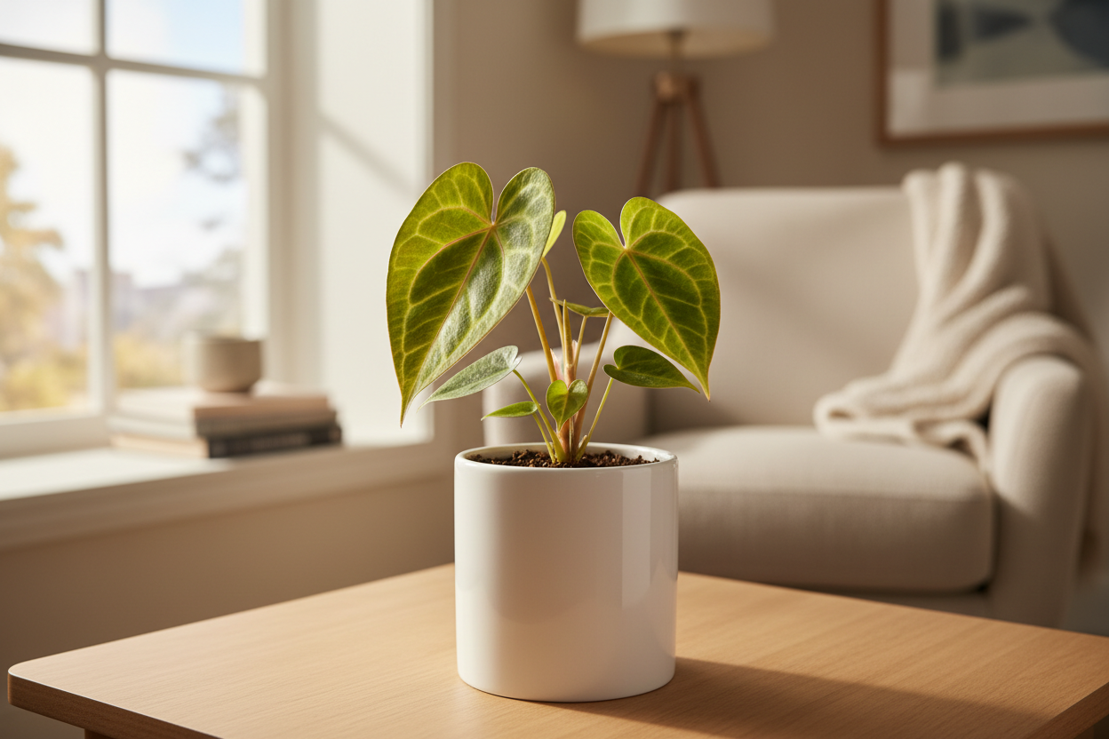 Give the Anthurium water melons  plant sapling perfect image where does that plant suites in home show the plant image naturally and clearly from 3  to 5 inches and in image where we need to keep this plant and show the plant near to us exactly how it is visible in white pot