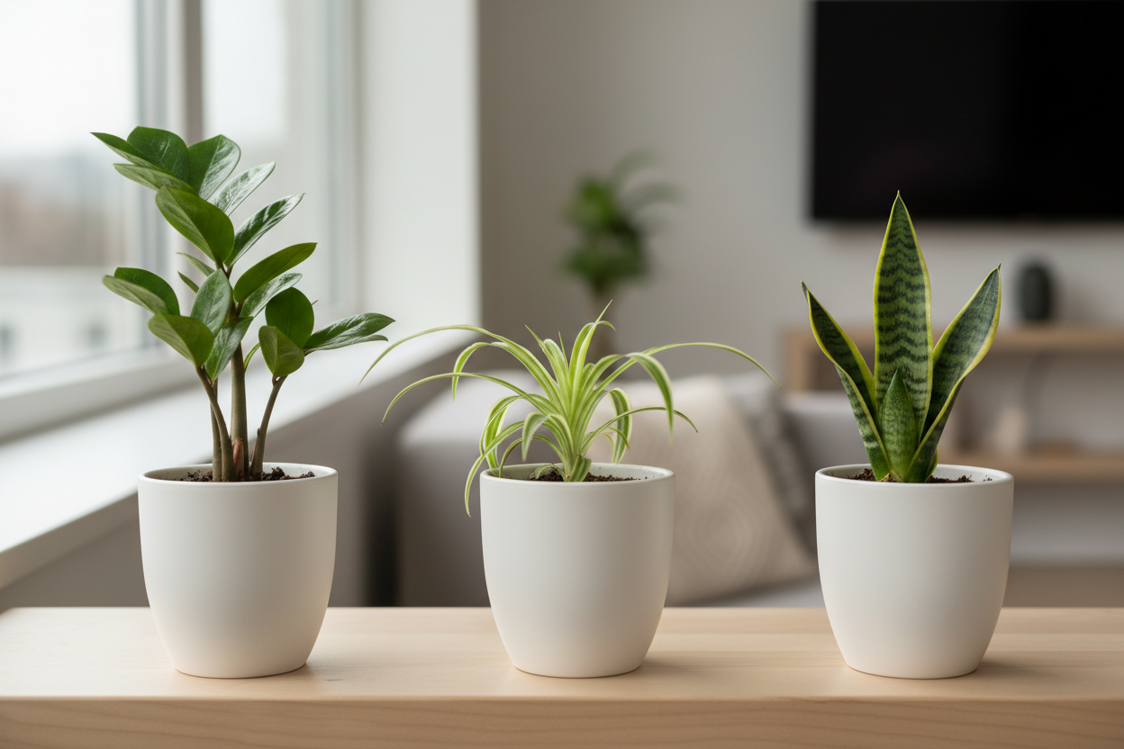 Give the bed trio zz, spider , snake   plant sapling perfect image where does that plant suites in home show the plant image naturally and clearly from 3  to 5 inches and in image where we need to keep this plant and show the plant near to us exactly how it is visiblein white pots