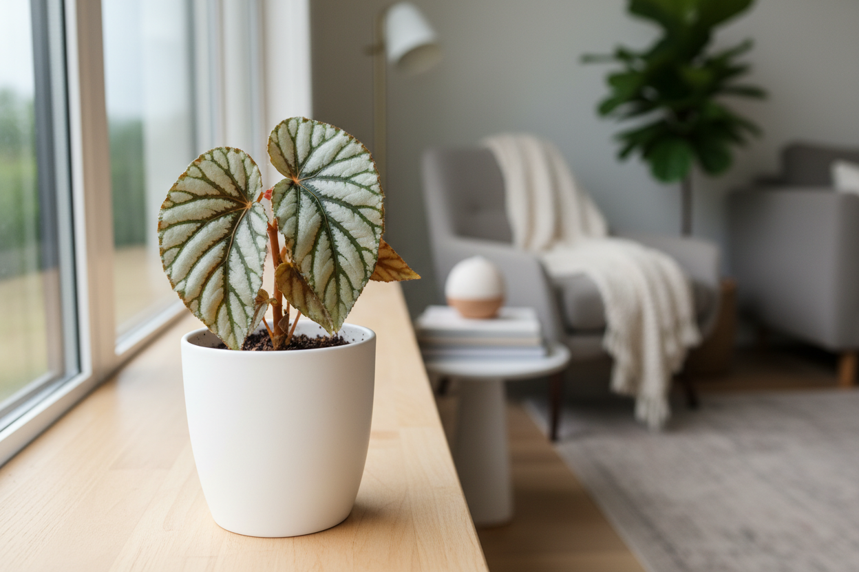 Give the begonia silver swril  plant sapling perfect image where does that plant suites in home show the plant image naturally and clearly from 3  to 5 inches and in image where we need to keep this plant and show the plant near to us exactly how it is visible in white pot