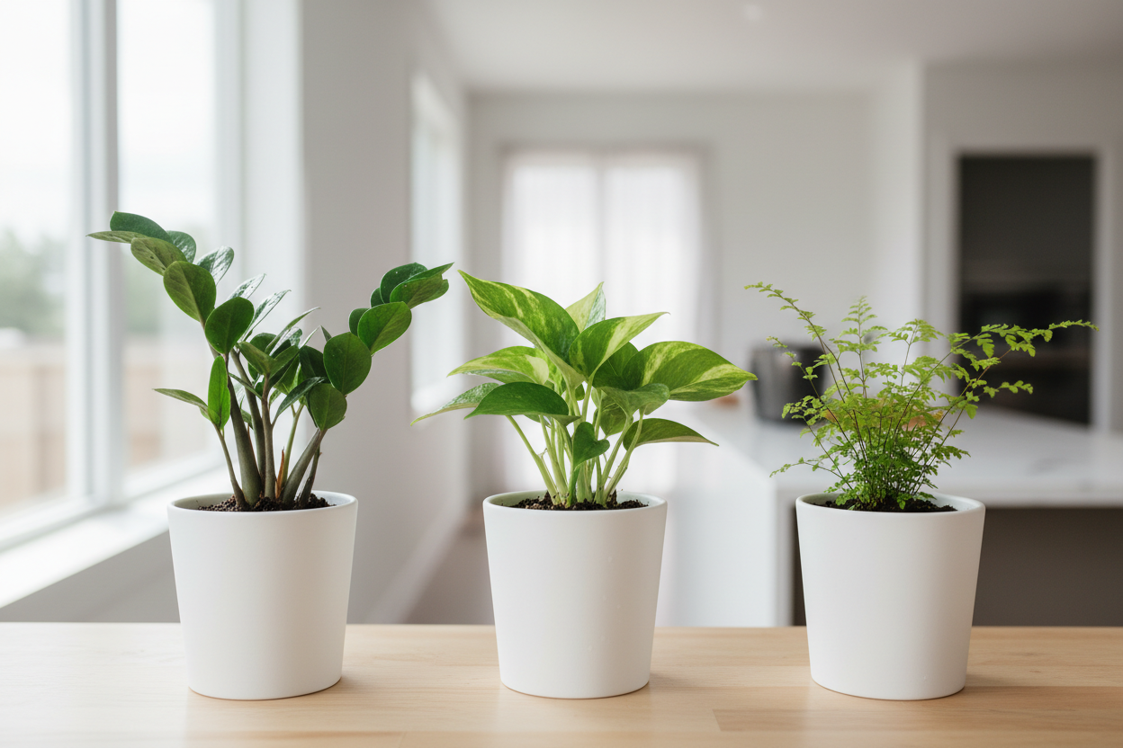 Give the green zz , money , fern   plant saplings perfect image where does that plant suites in home show the plant image naturally and clearly from 3  to 5 inches and in image where we need to keep this plant and show the plant near to us exactly how it is visible in white pots
