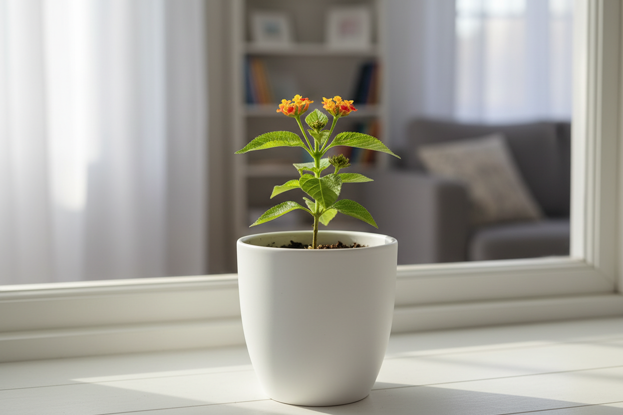 Give the Lantana Plant Sapling plant sapling perfect image where does that plant suites in home show the plant image naturally and clearly from 3  to 5 inches and in image where we need to keep this plant and show the plant near to us exactly how it is visible in white pot 