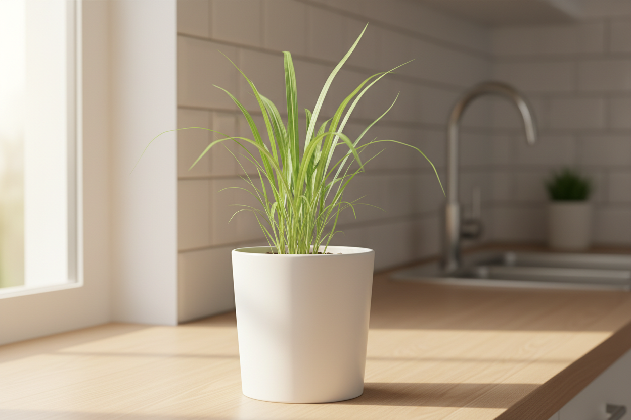 Give the lemon grass  plant sapling perfect image where does that plant suites in home show the plant image naturally and clearly from 3  to 5 inches and in image where we need to keep this plant and show the plant near to us exactly how it is visible in white pot