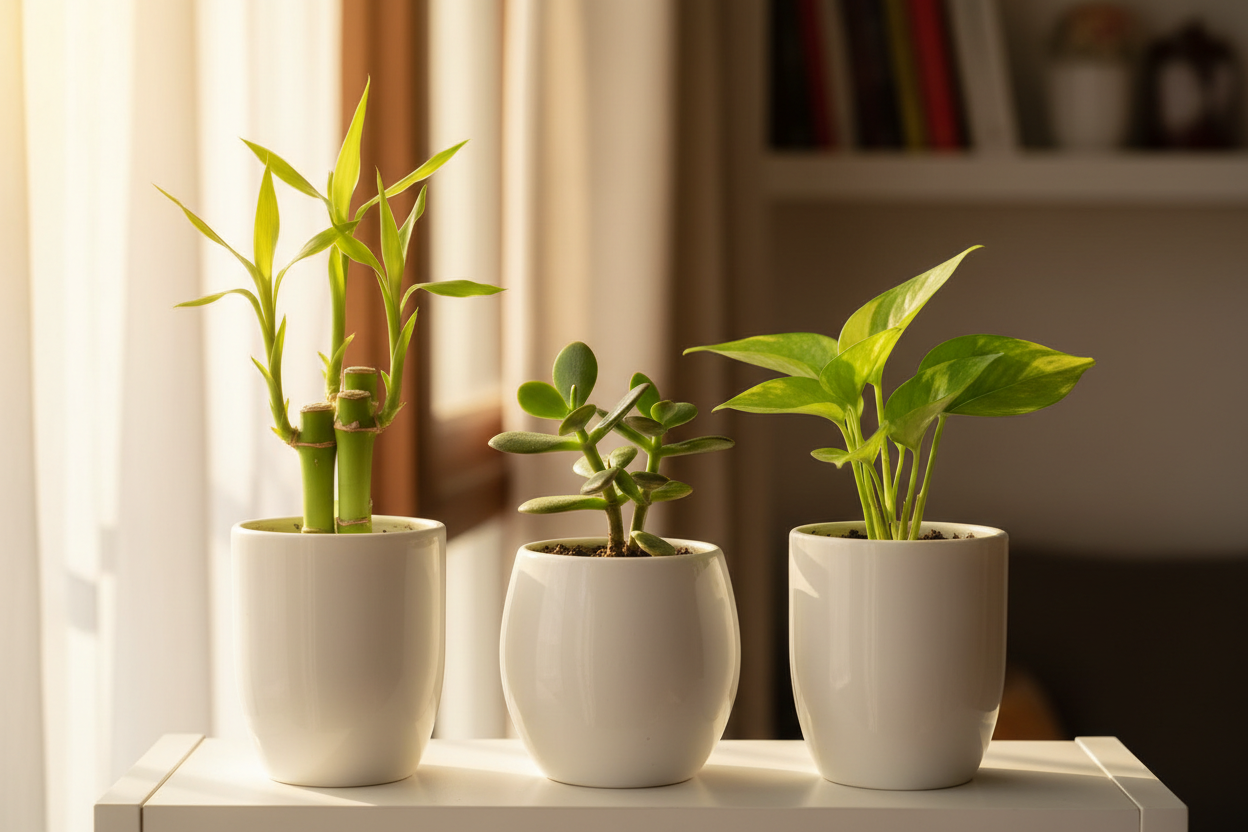 Give the lucky bamboo, jade , money   plant saplings in trio perfect image where does that plant suites in home show the plant image naturally and clearly from 3  to 5 inches and in image where we need to keep this plant and show the plant near to us exactly how it is visible