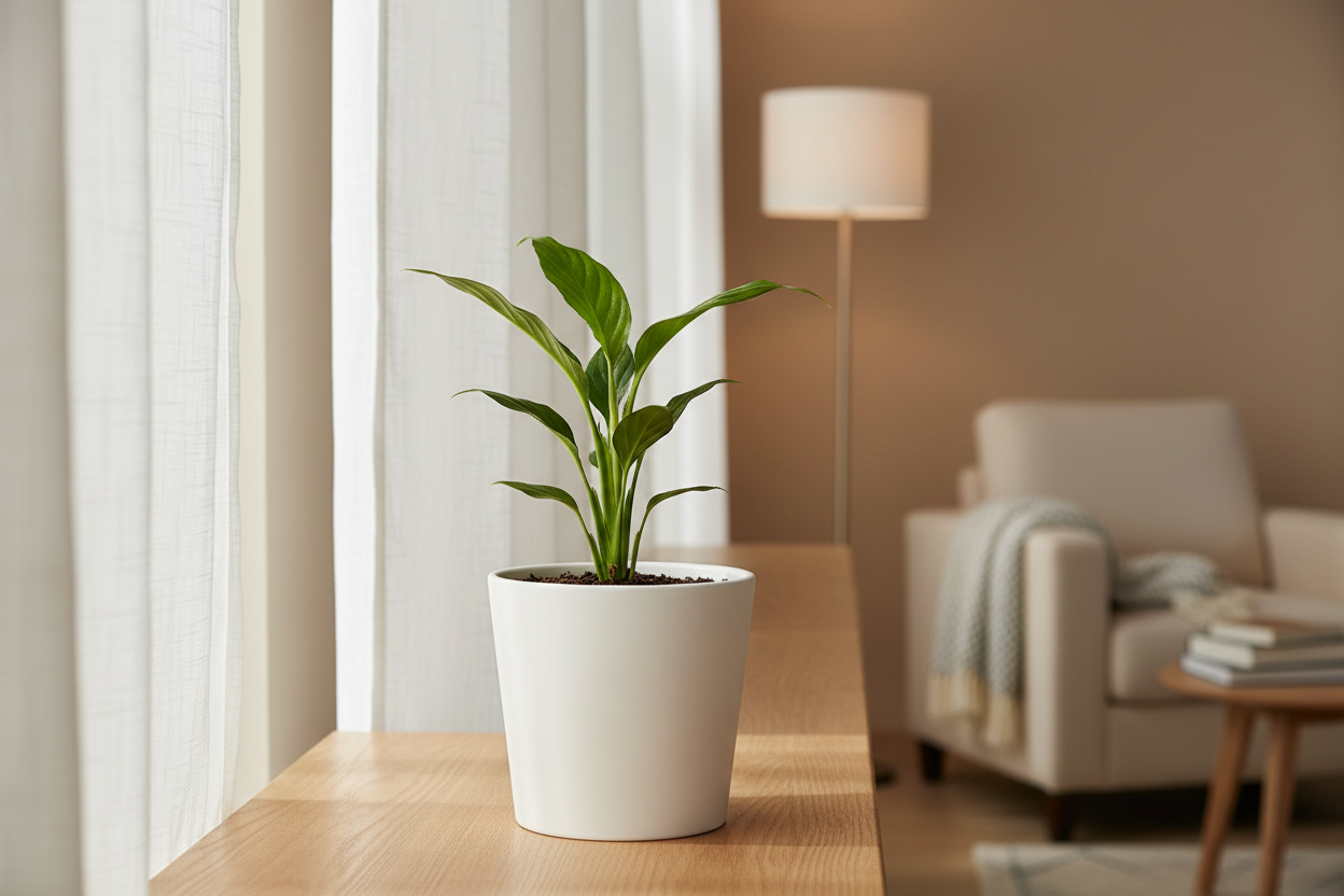 Give the peace lily  plant sapling perfect image where does that plant suites in home show the plant image naturally and clearly from 3  to 5 inches and in image where we need to keep this plant and show the plant near to us exactly how it is visible in white pot