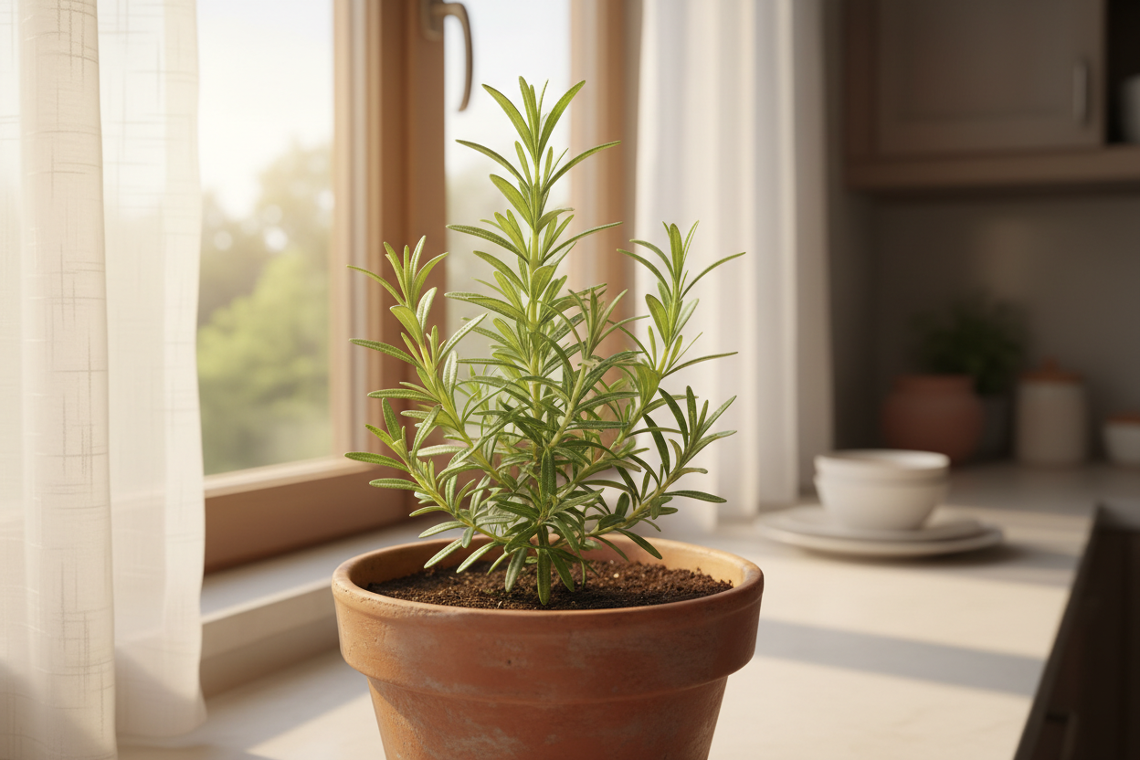 Give the Rose mary  plant sapling perfect image where does that plant suites in home show the plant image naturally and clearly from 3  to 5 inches and in image where we need to keep this plant and show the plant near to us exactly how it is visible 