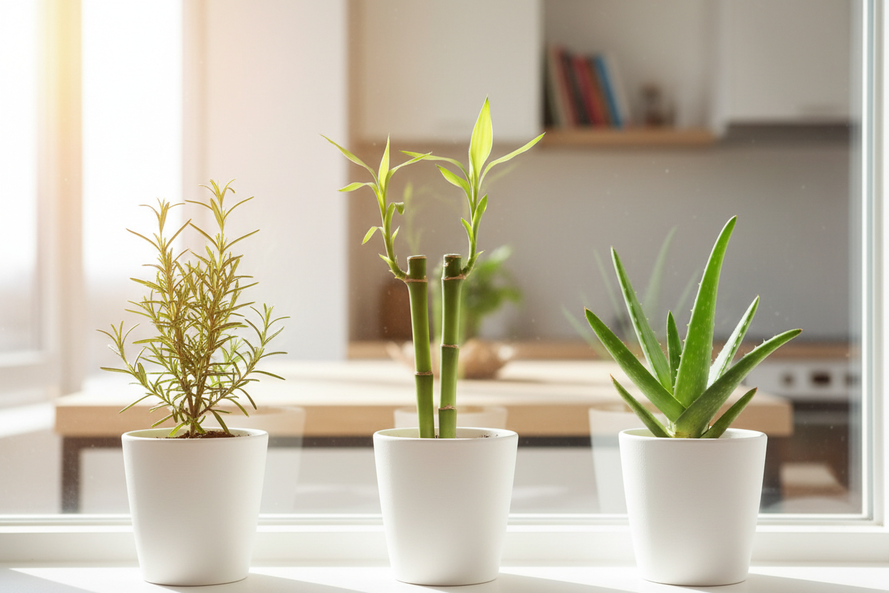 Give the rosemary, lucky bamboo,aloe vera   plant sapling perfect image where does that plant suites in home show the plant image naturally and clearly from 3  to 5 inches and in image where we need to keep this plant and show the plant near to us exactly how it is visible in white pots