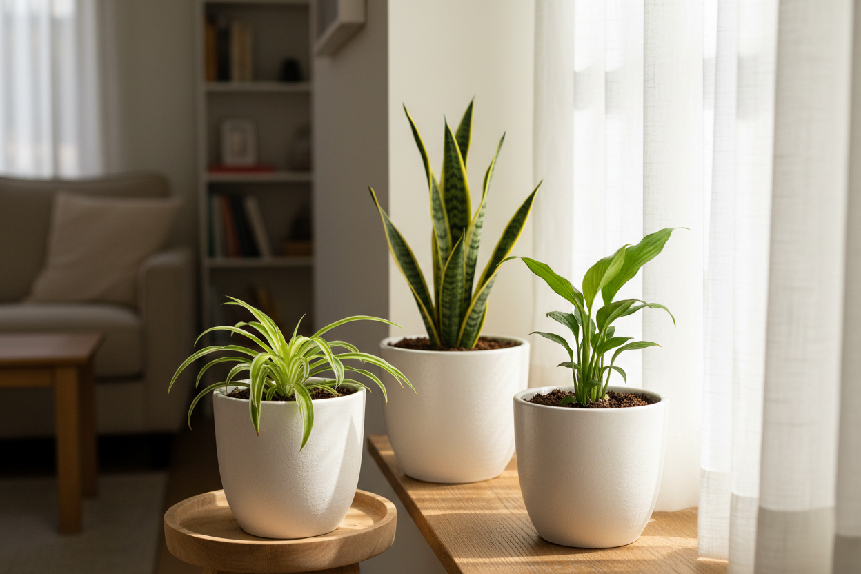 Give the SPIDER , SNAKE , PEACE LILY   plant saplingS perfect image where does that plant suites in home show the plant image naturally and clearly from 3  to 5 inches and in image where we need to keep this plant and show the plant near to us exactly how it is visible in white pots 