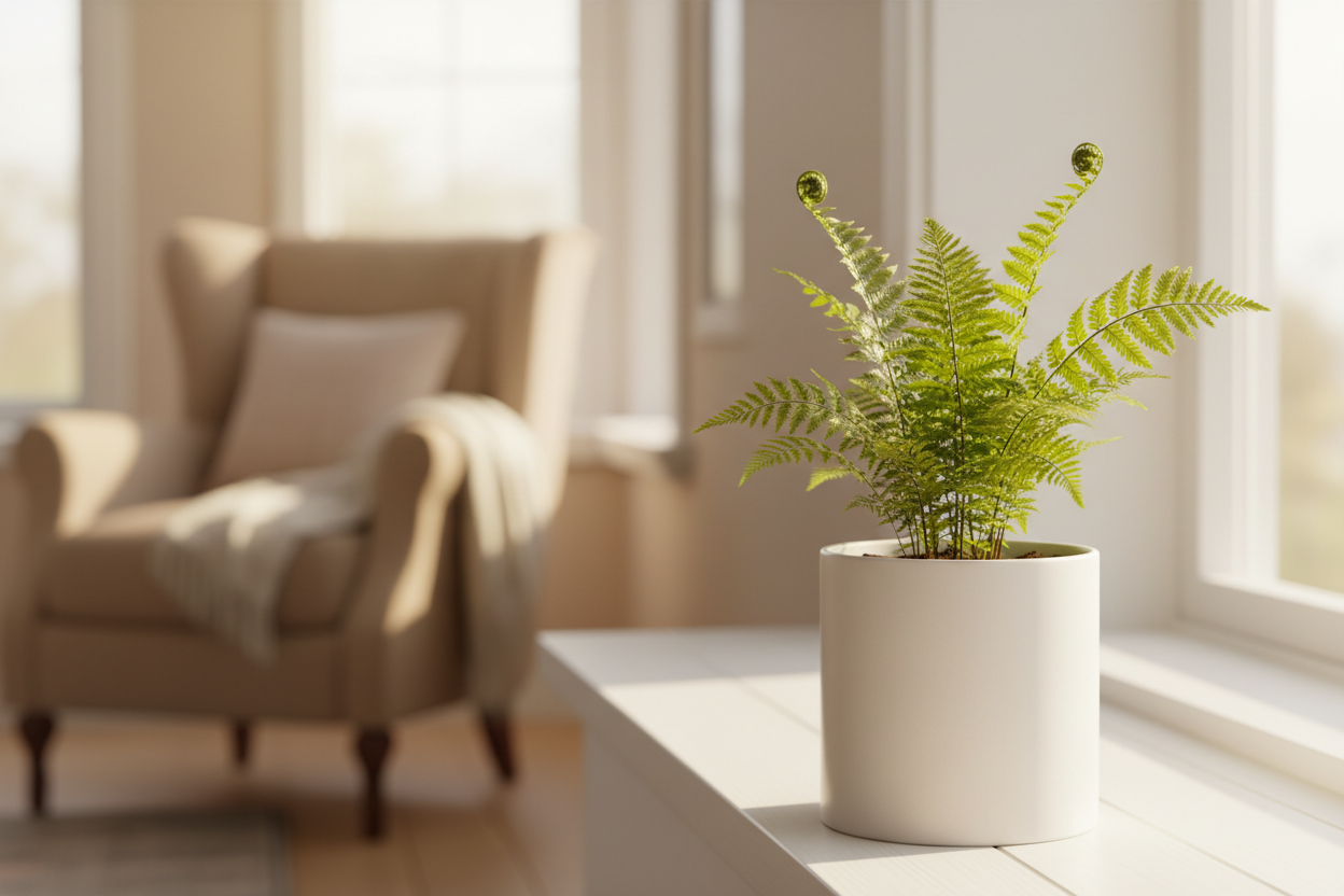 Give the swami fern  plant sapling perfect image where does that plant suites in home show the plant image naturally and clearly from 3  to 5 inches and in image where we need to keep this plant and show the plant near to us exactly how it is visible in white pot