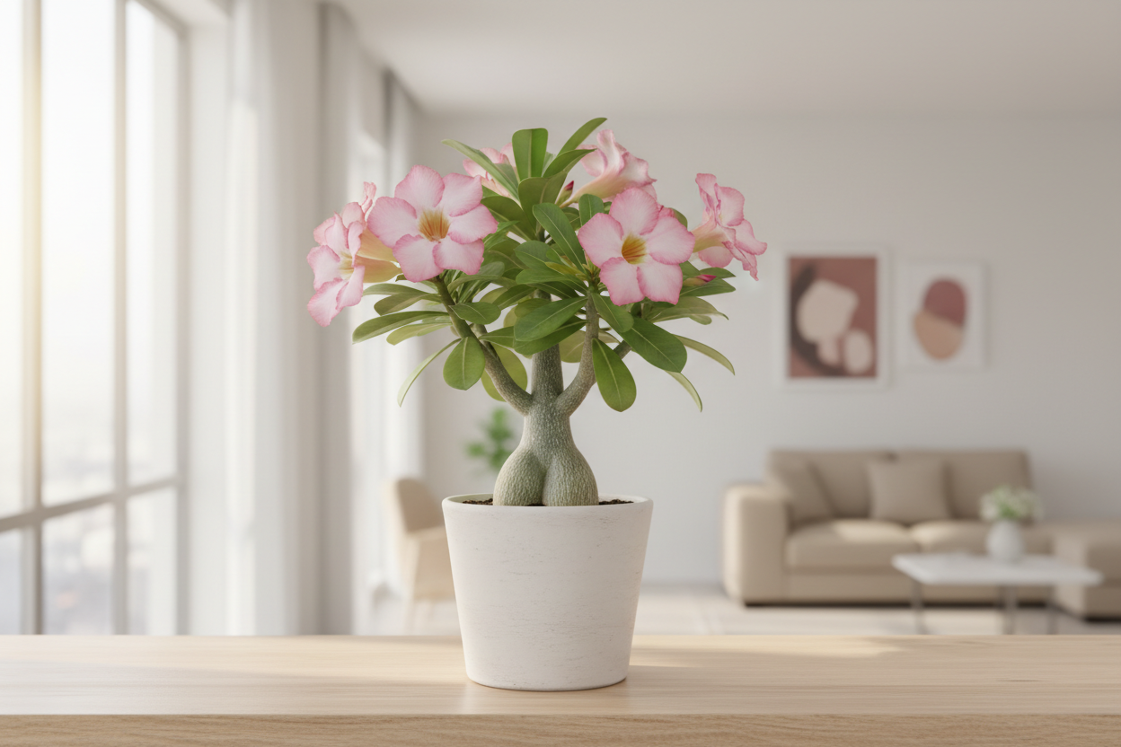 I need the adenium plant in white pot of size is 5 inches and the plant will be 5 inches keep in home where this plant sets keep their and show the plant clearly 