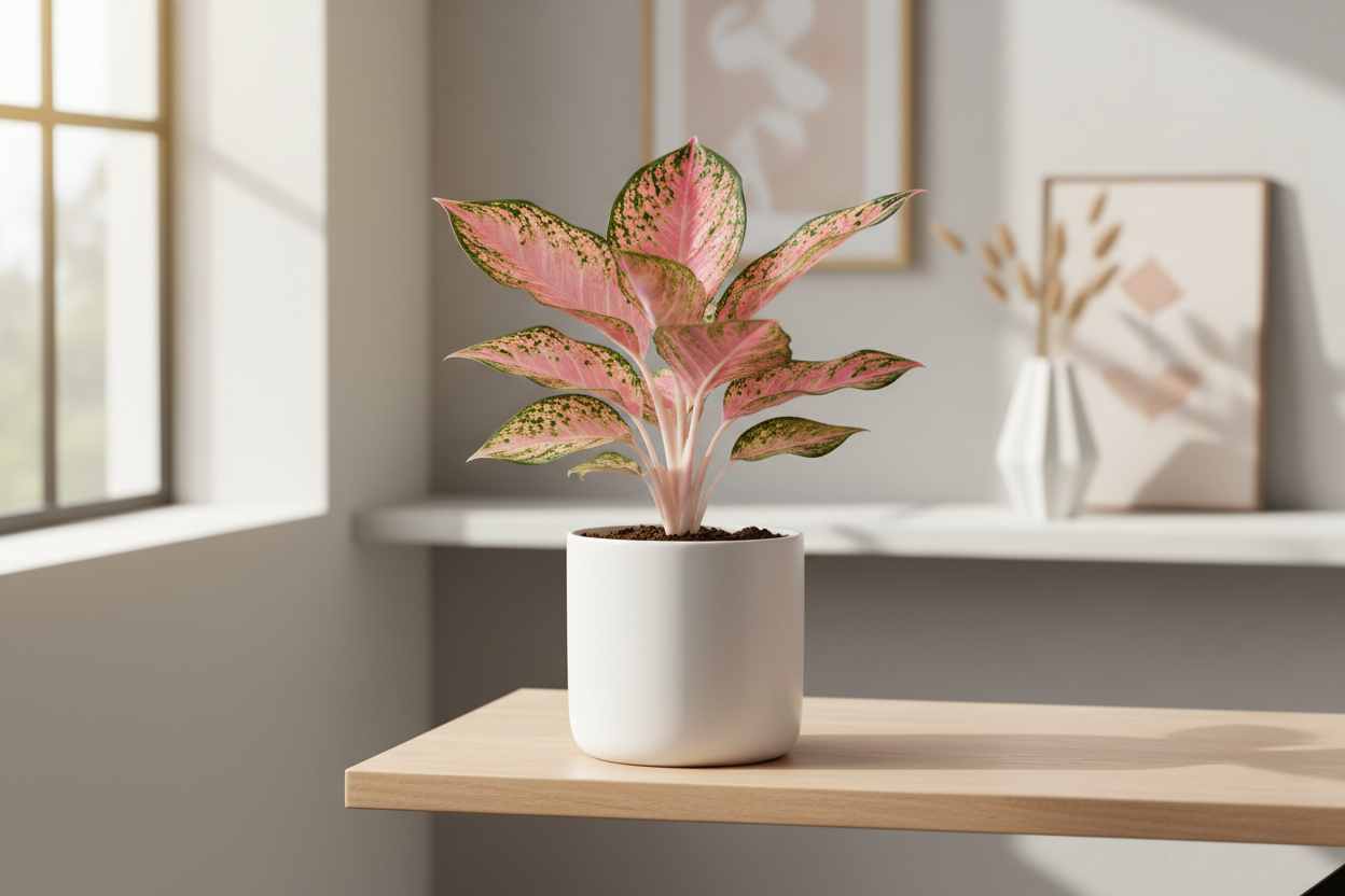 I need the aglonima pink plant in white pot of size is 5 inches and the plant will be 5 inches keep in home where this plant sets keep their and show the plant clearly with single plant 