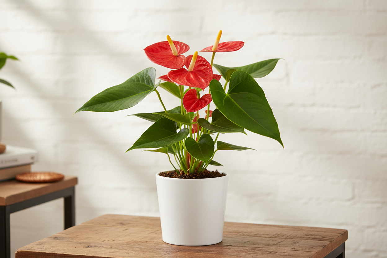 I need the anthurium red plant in white pot of size is 5 inches and the plant will be 5 inches keep in home where this plant sets keep their and show the plant clearly 