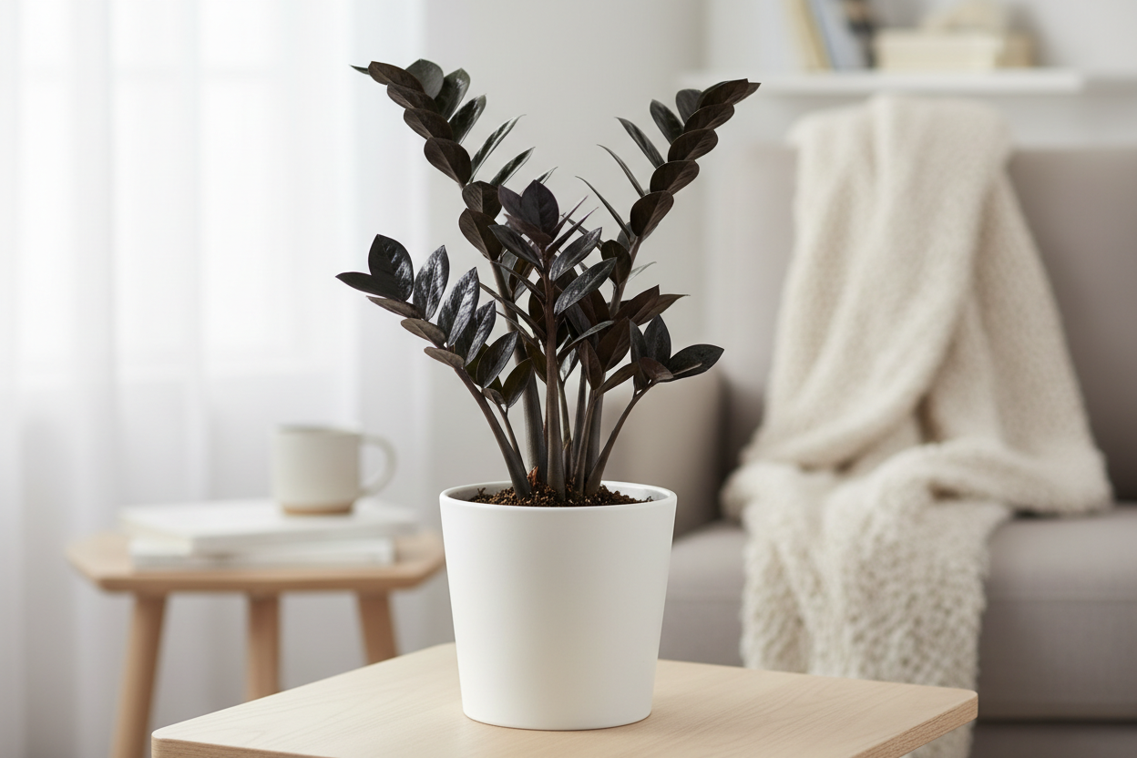 I need the Black zz  plant in white pot of size is 5 inches and the plant will be 5 inches keep in home where this plant sets keep their and show the plant clearly 