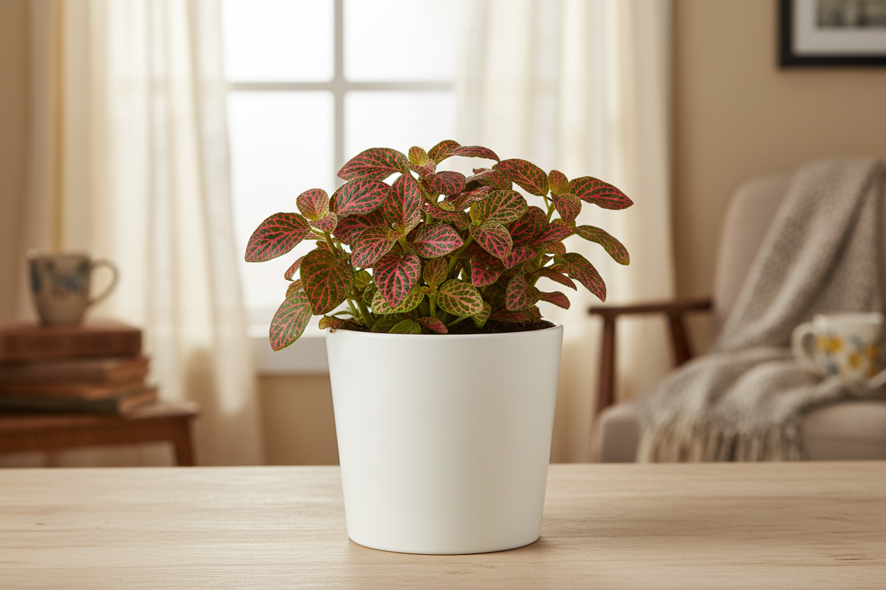 I need the fittionia red  plant in white pot of size is 5 inches and the plant will be 5 inches keep in home where this plant sets keep their and show the plant clearly with single plant 