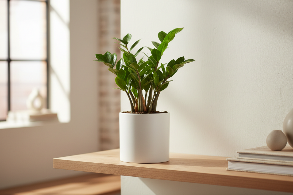 I need the GREEN ZZ plant in white pot of size is 5 inches and the plant will be 3 to 5 inches keep in home where this plant sets keep their and show the plant clearly 
