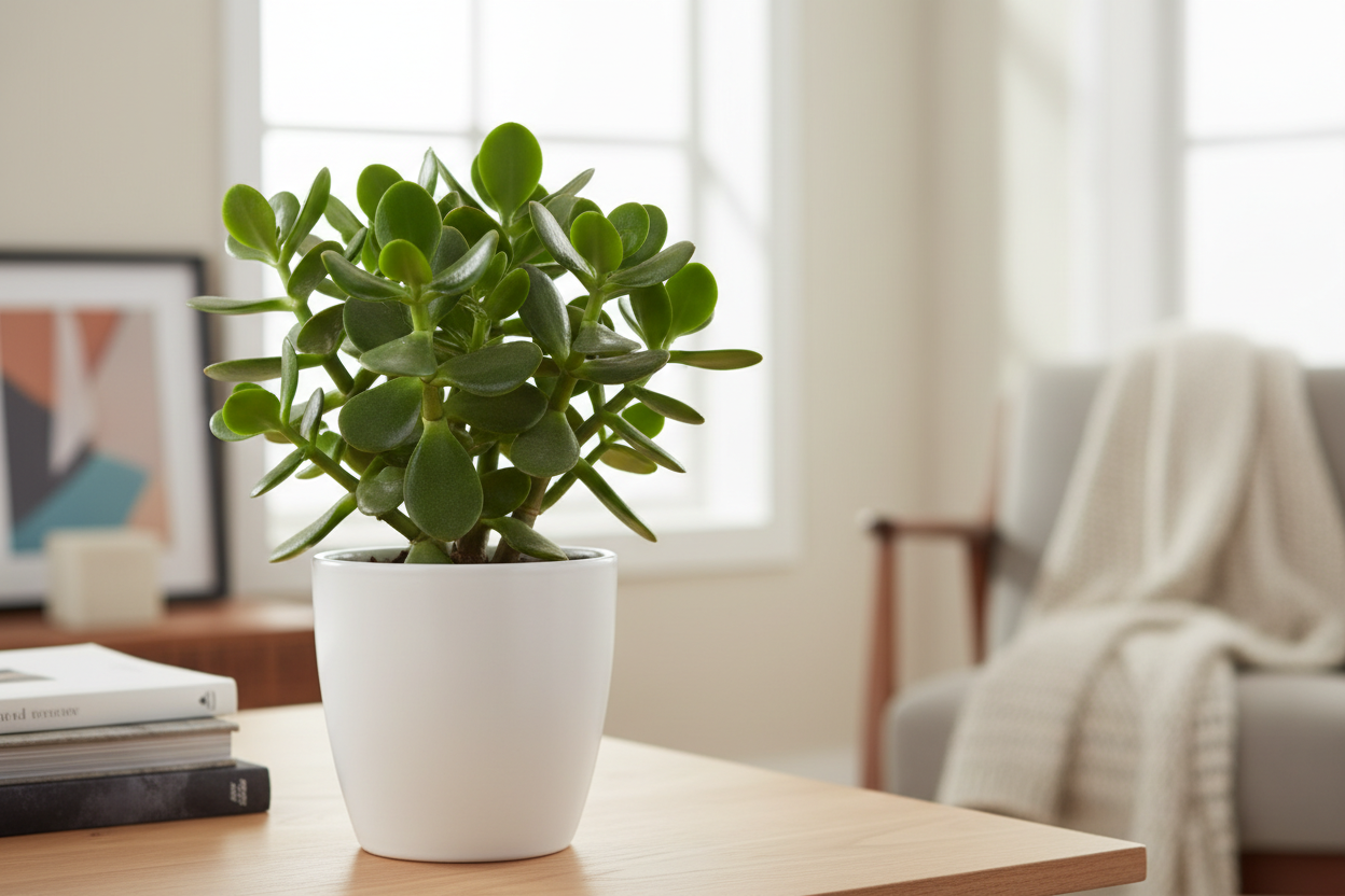 I need the Jade  plant in white pot of size is 5 inches and the plant will be 5 inches keep in home where this plant sets keep their and show the plant clearly 