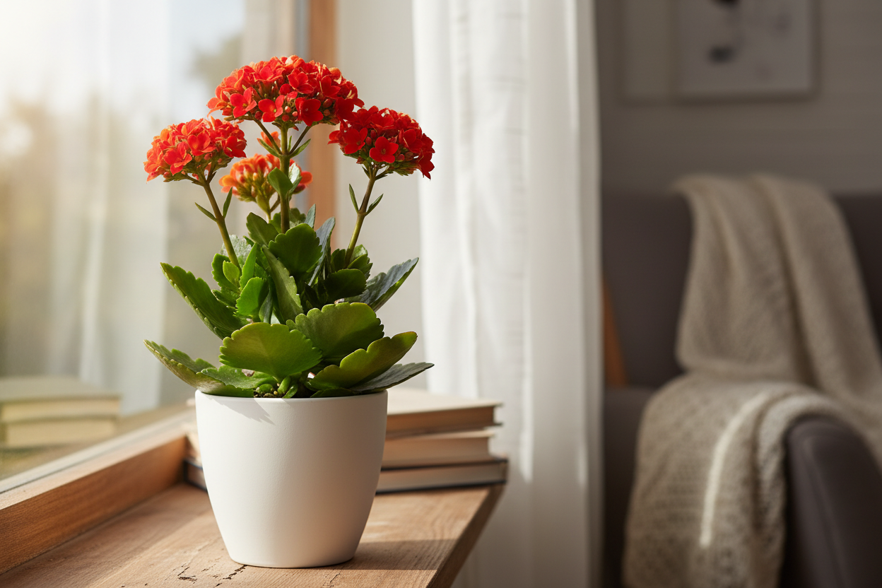 I need the kalanchoe red plant in white pot of size is 5 inches and the plant will be 5 inches keep in home where this plant sets keep their and show the plant clearly with single plant 