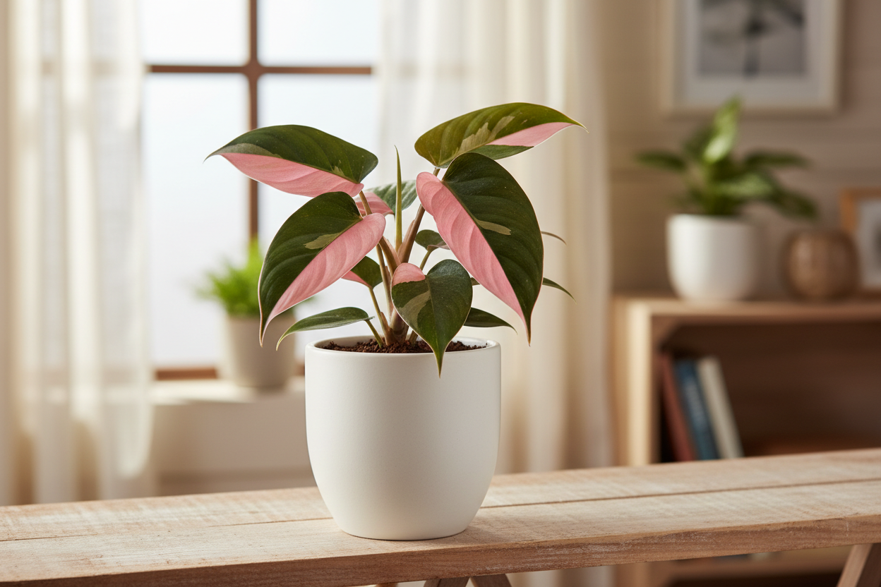 I need the philendron pink princess plant in white pot of size is 5 inches and the plant will be 5 inches keep in home where this plant sets keep their and show the plant clearly 