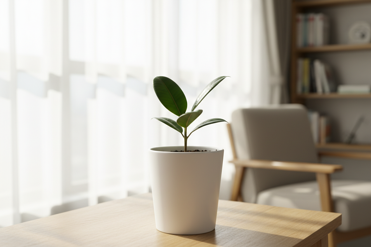 I need the rubber  plant  sapling in white pot of size is 5 inches and the plant will be 5 inches keep where this plant sets in home or outdoor 
