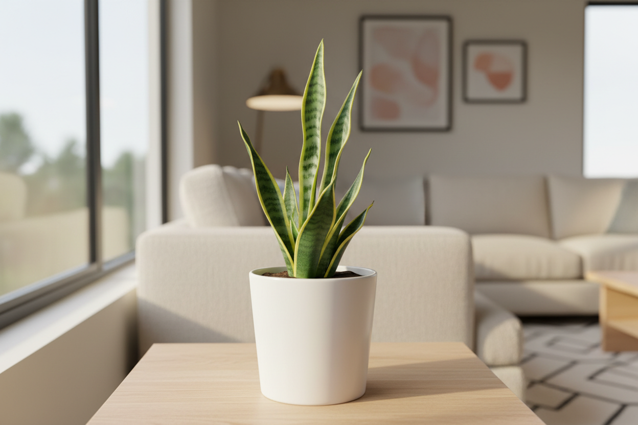 I need the snake  plant in white pot of size is 5 inches and the plant will be 5 inches keep in home where this plant sets keep their and show the plant clearly with single plant 