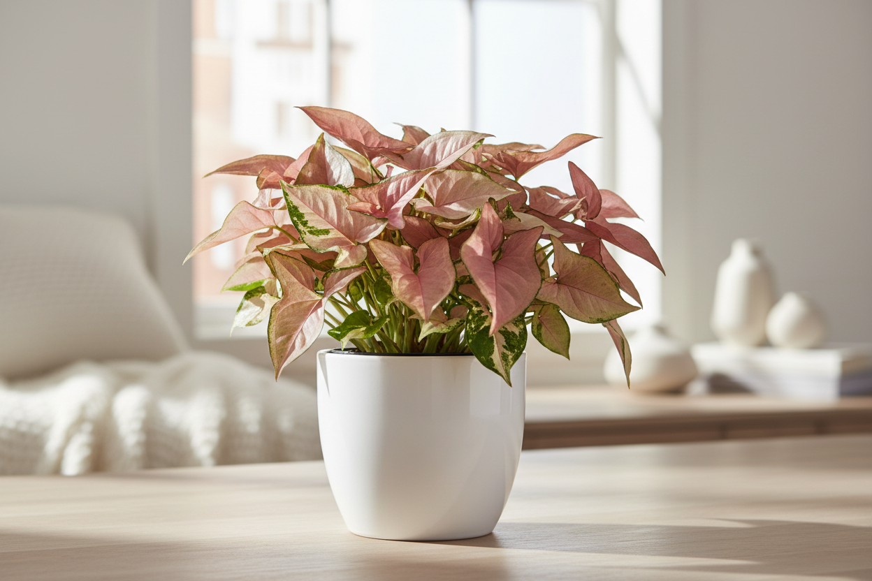 I need the Syngonium pink plant in white pot of size is 5 inches and the plant will be 5 inches keep in home where this plant sets keep their and show the plant clearly with single plant 