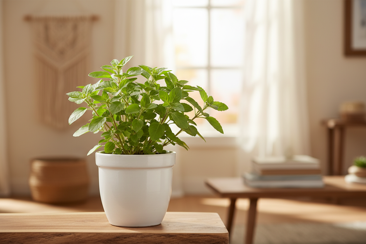 I need the tulasi plant in white pot of size is 5 inches and the plant will be 5 inches keep in home where this plant sets keep their and show the plant clearly with single plant 