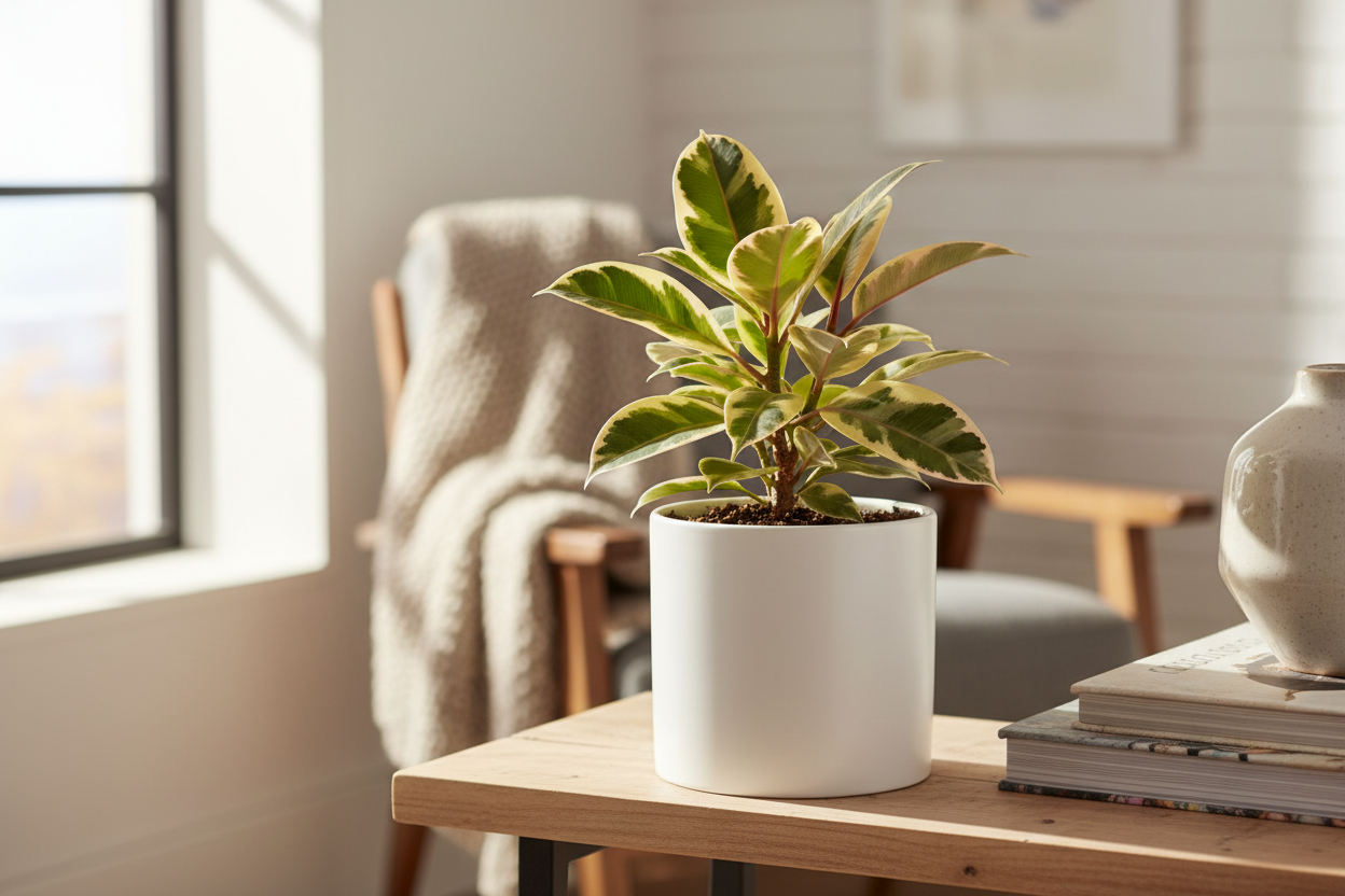 I need the Varigated rubber plant in white pot of size is 5 inches and the plant will be 5 inches keep in home where this plant sets keep their and show the plant clearly 